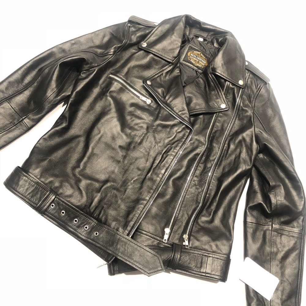 💫 🧳 Real  leather black moto jacket NWT - Picture 4 of 5